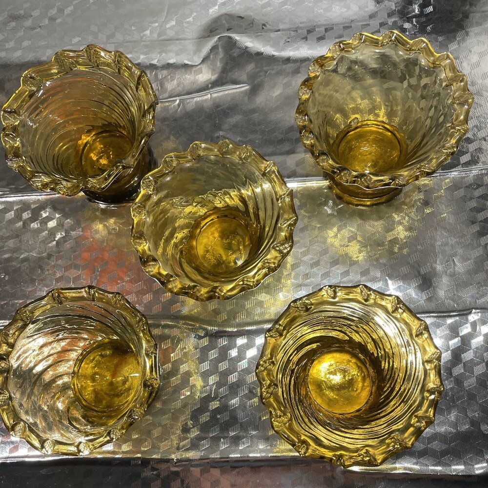Vintage Amber Swirl Depression Glass Footed Sorbet /Dessert Bowl Set Of 5